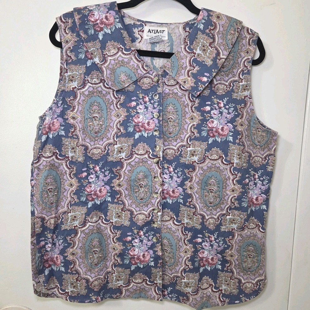Vintage Atlas Cotton Floral Paisley Button Front Sleeveless Blouse Top Womens L‎